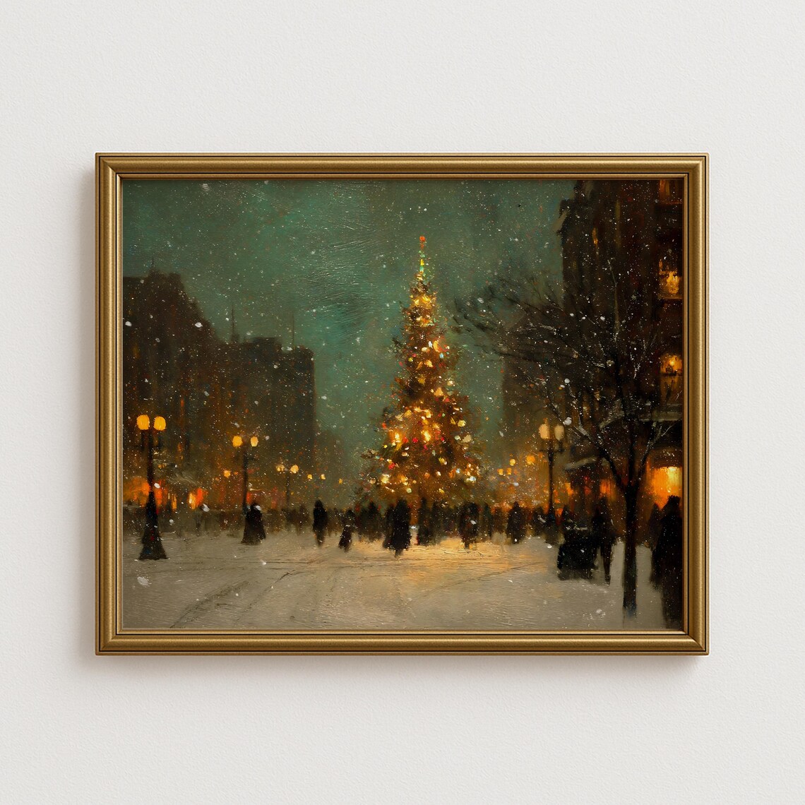 Vintage Christmas Tree Wall Art Print, Winter Cityscape