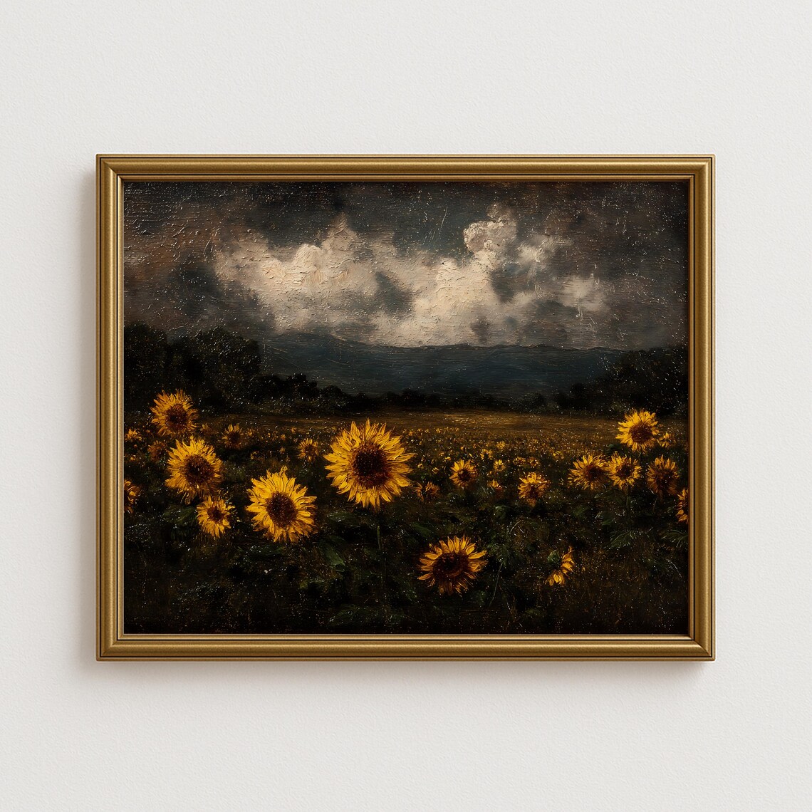 Sunflower Field Under Stormy Night Sky Moody Oil Painting Print
