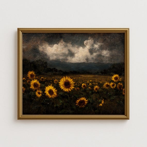 Vintage Sunflower Field Wall Art Print Rustic Dark Landscape Painting Moody Floral Country Farmhouse Decor Nature Inspired Artwork