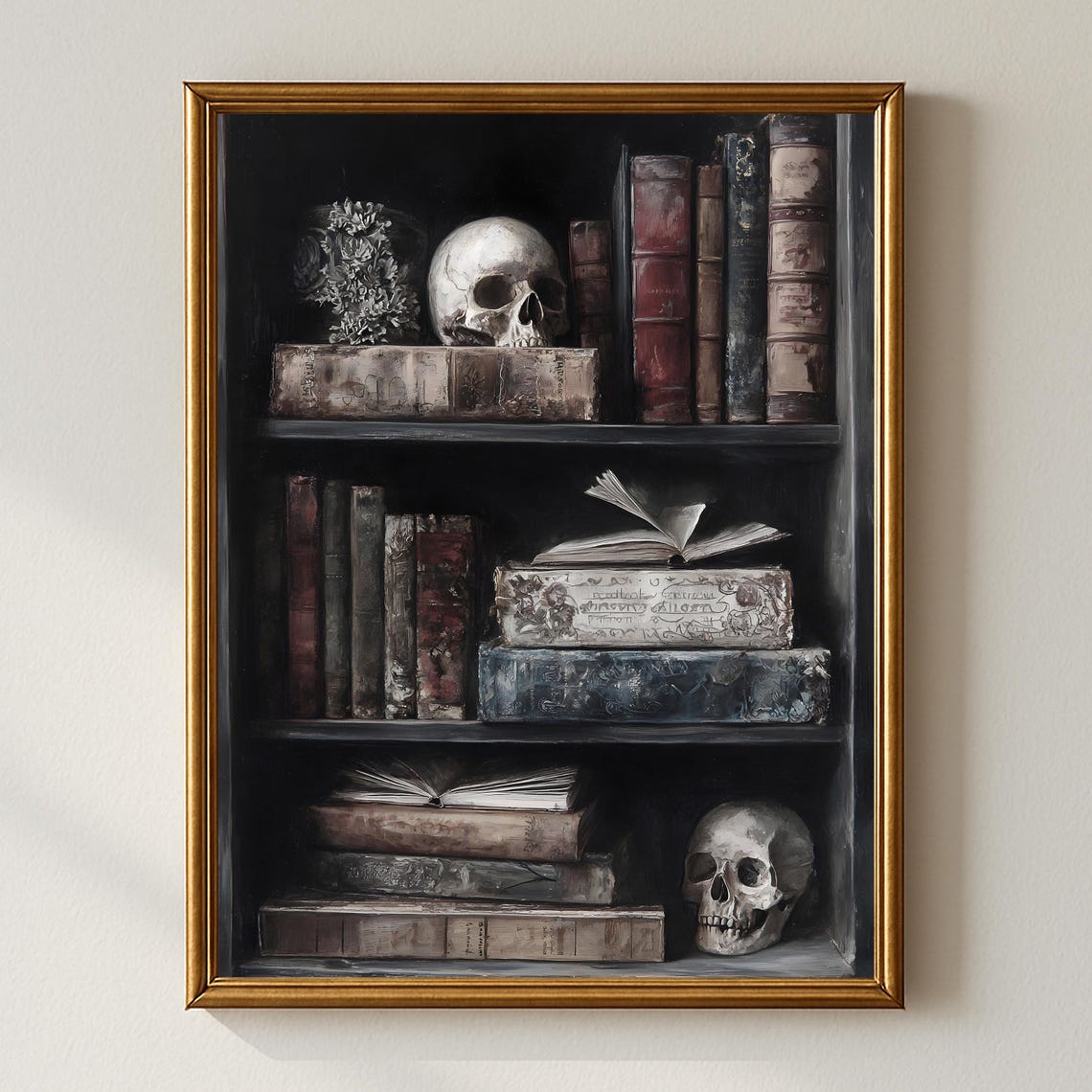 Dark Academia Bookshelf Antique Books Skulls Gothic Scene Poster