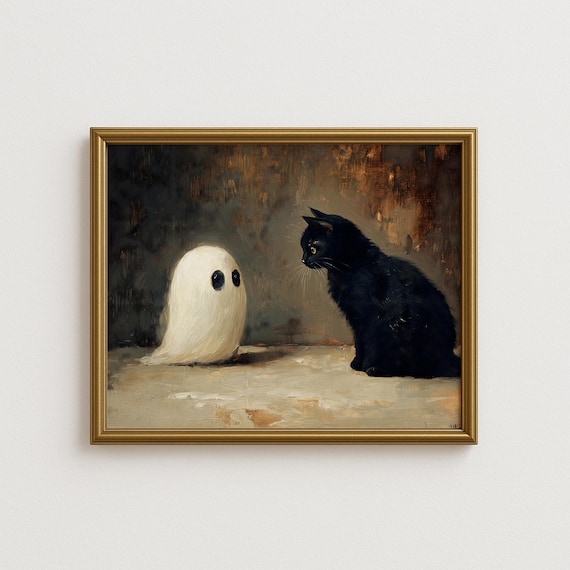 Black Cat And Wall Art Cute Halloween Painting Moody Decor Whimsical For Spooky Season