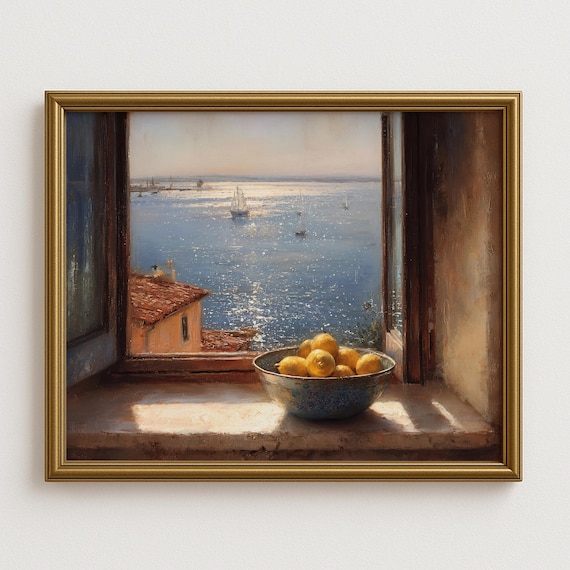 Mediterranean Seaside Window Bowl Of Lemons Coastal Painting Poster