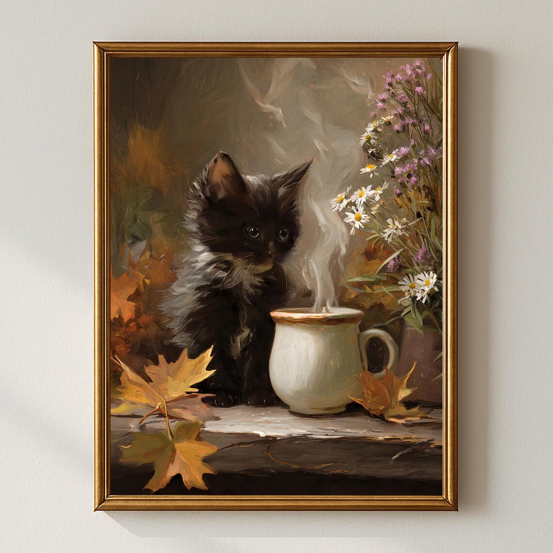 Cozy Autumn Cat Art Print, Whimsical Farmhouse Fall Decor