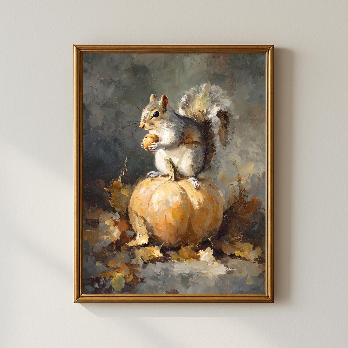 Whimsical Autumn Squirrel Sitting On Pumpkin, Poster Print