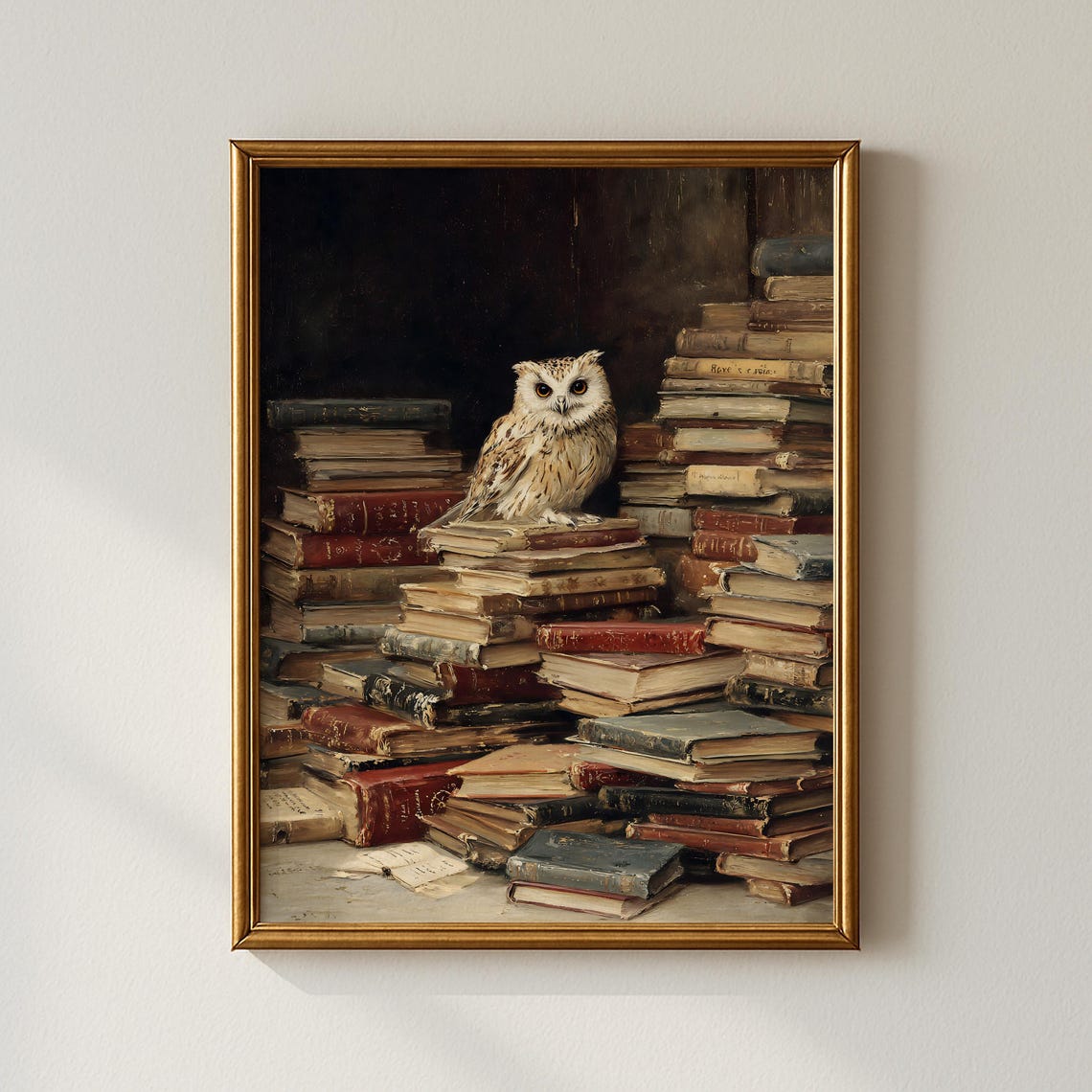 Vintage Owl In Library Wall Art Rustic Bird Sitting On Stacks Of Old Books Dark Academia Painting