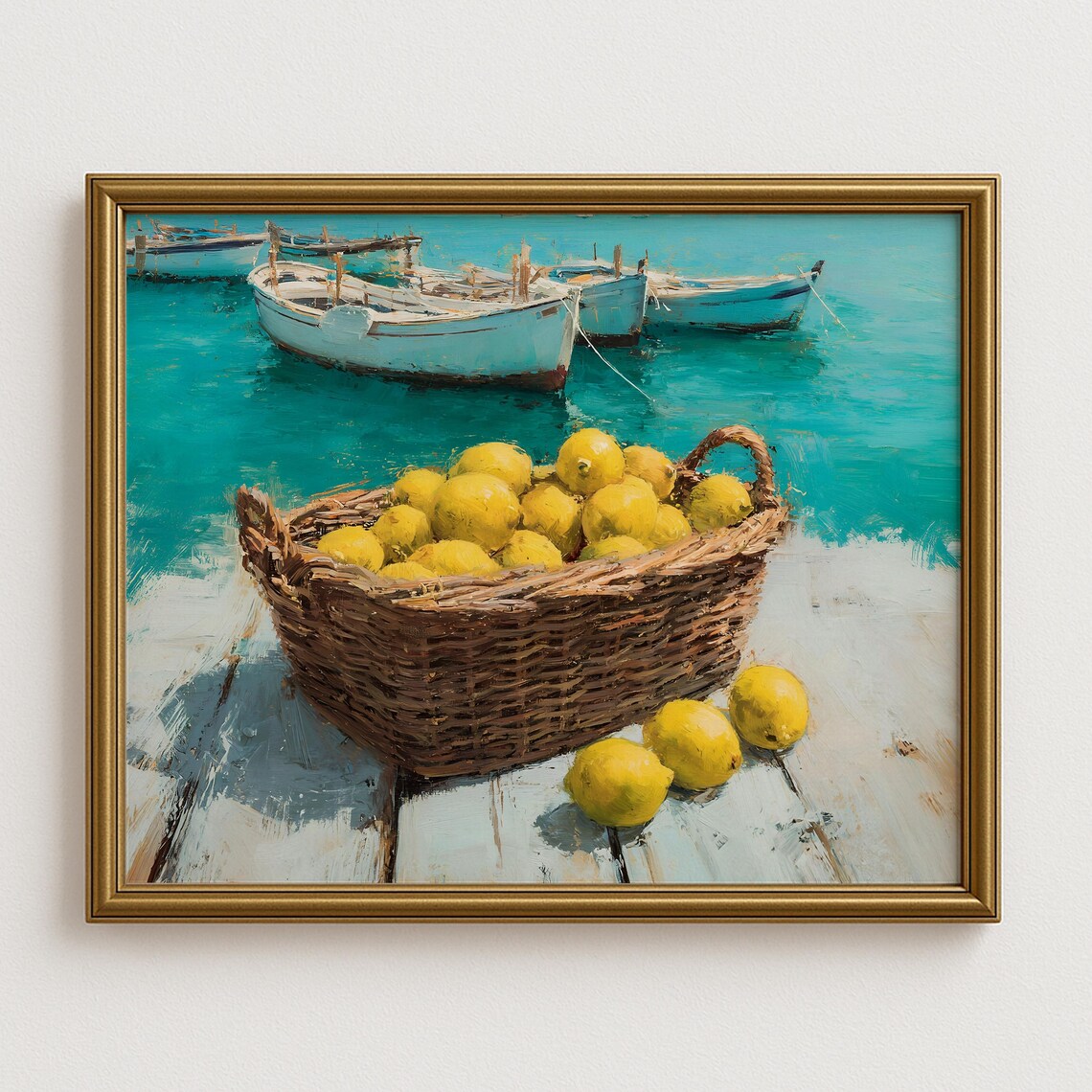 Coastal Dock Basket Of Lemons White Fishing Boats Summer Poster