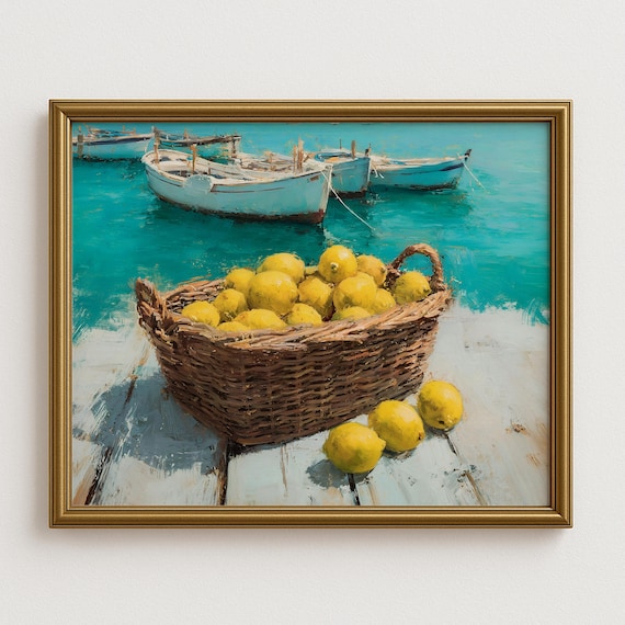 Coastal Dock Basket Of Lemons White Fishing Boats Summer Poster
