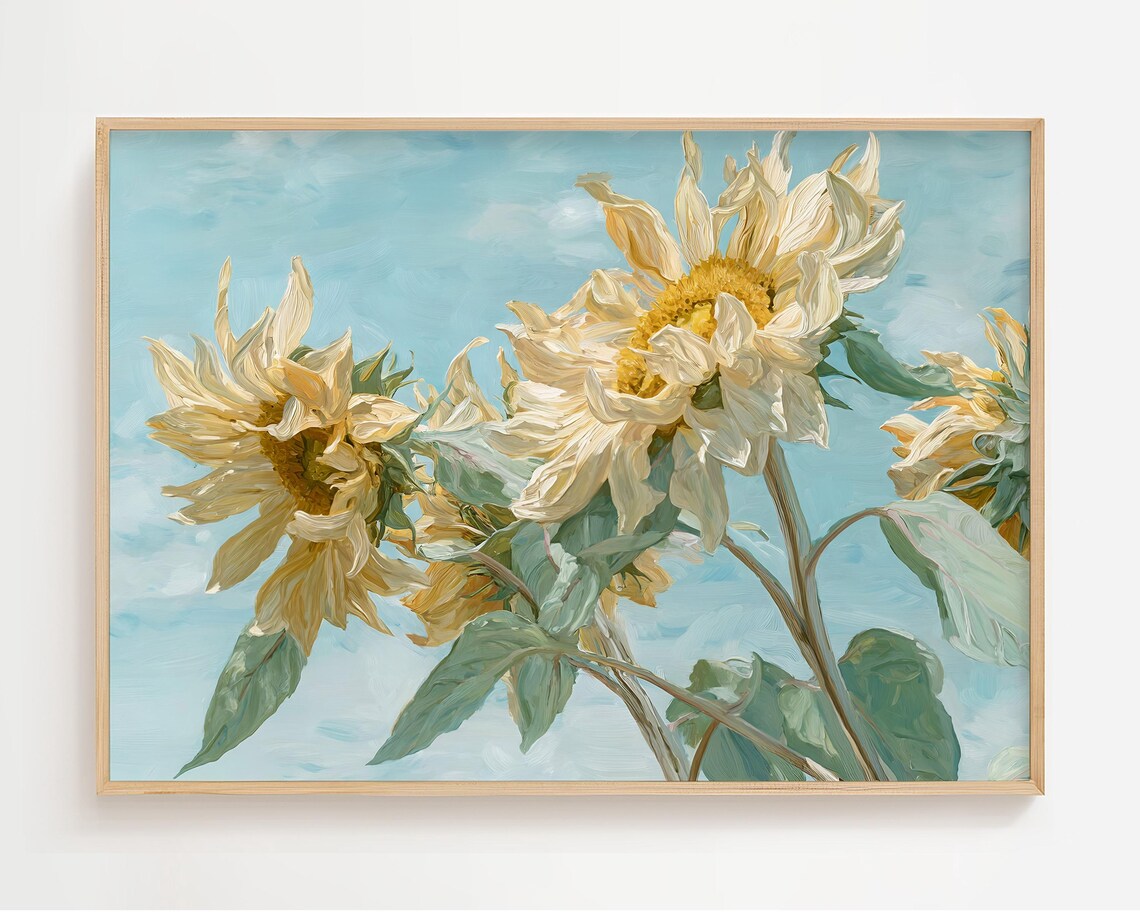 White Sunflowers Against Blue Sky Soft Floral Painting Wall Art