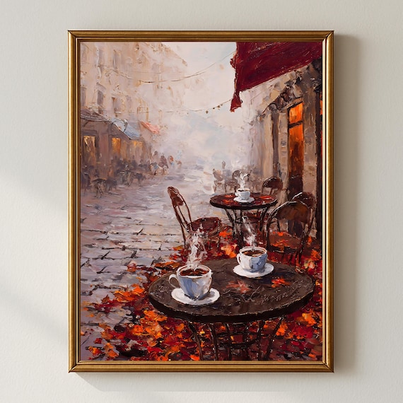European Street Cafe With Steaming Coffee Cups Among Autumn Leaves Poster