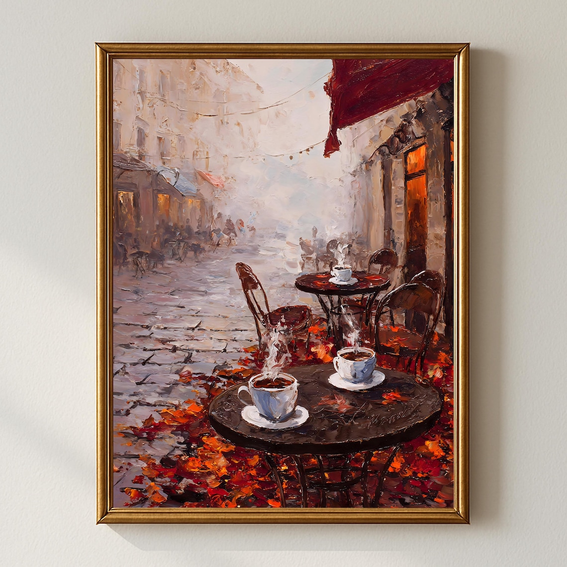 European Street Cafe With Steaming Coffee Cups Among Autumn Leaves Poster