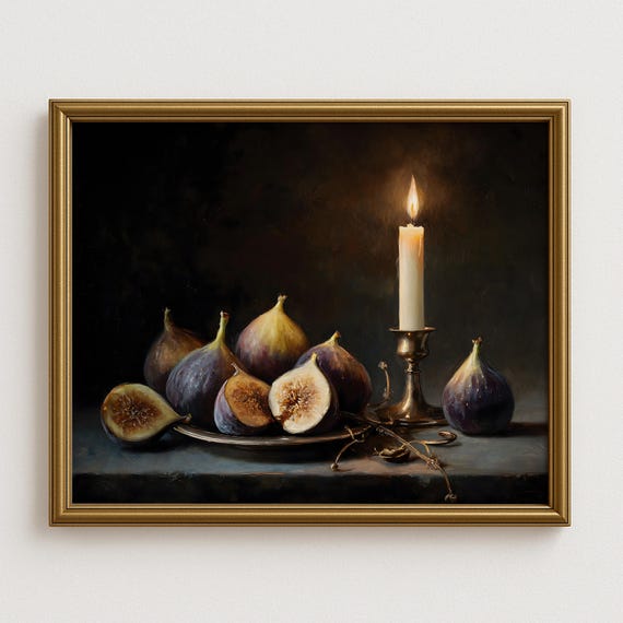 Moody Fig And Candle Still Life Rustic Farmhouse Kitchen Wall Art Dark Foodie Old World Dining Room Decor