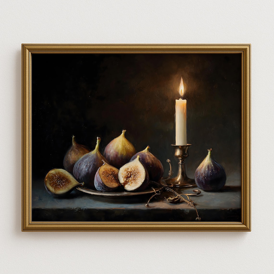 Fresh Figs Burning Candle Dark Moody Still Life Fruit Oil Painting Art Poster