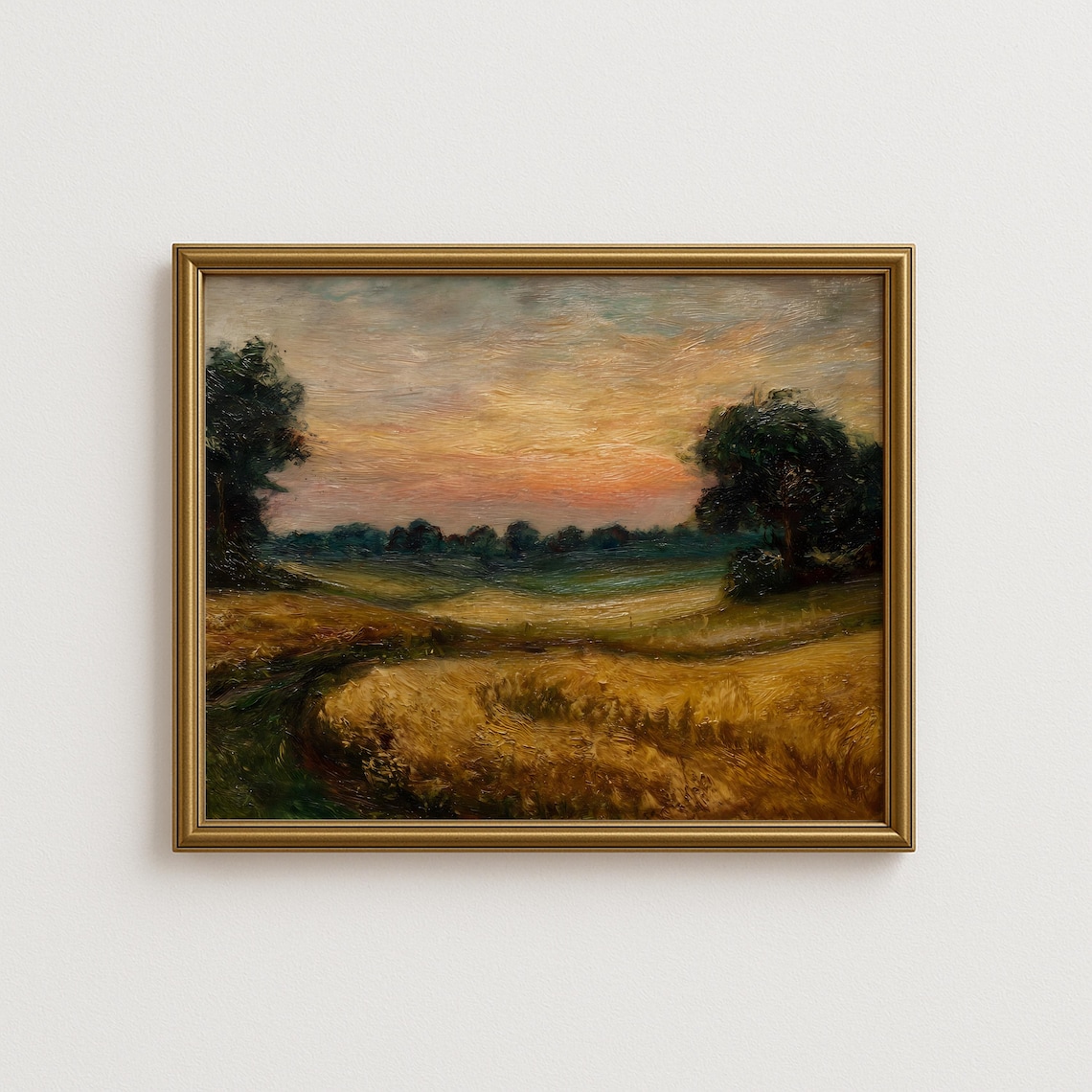 Golden Wheat Field Sunset Vintage Oil Painting Rustic Farmhouse Poster