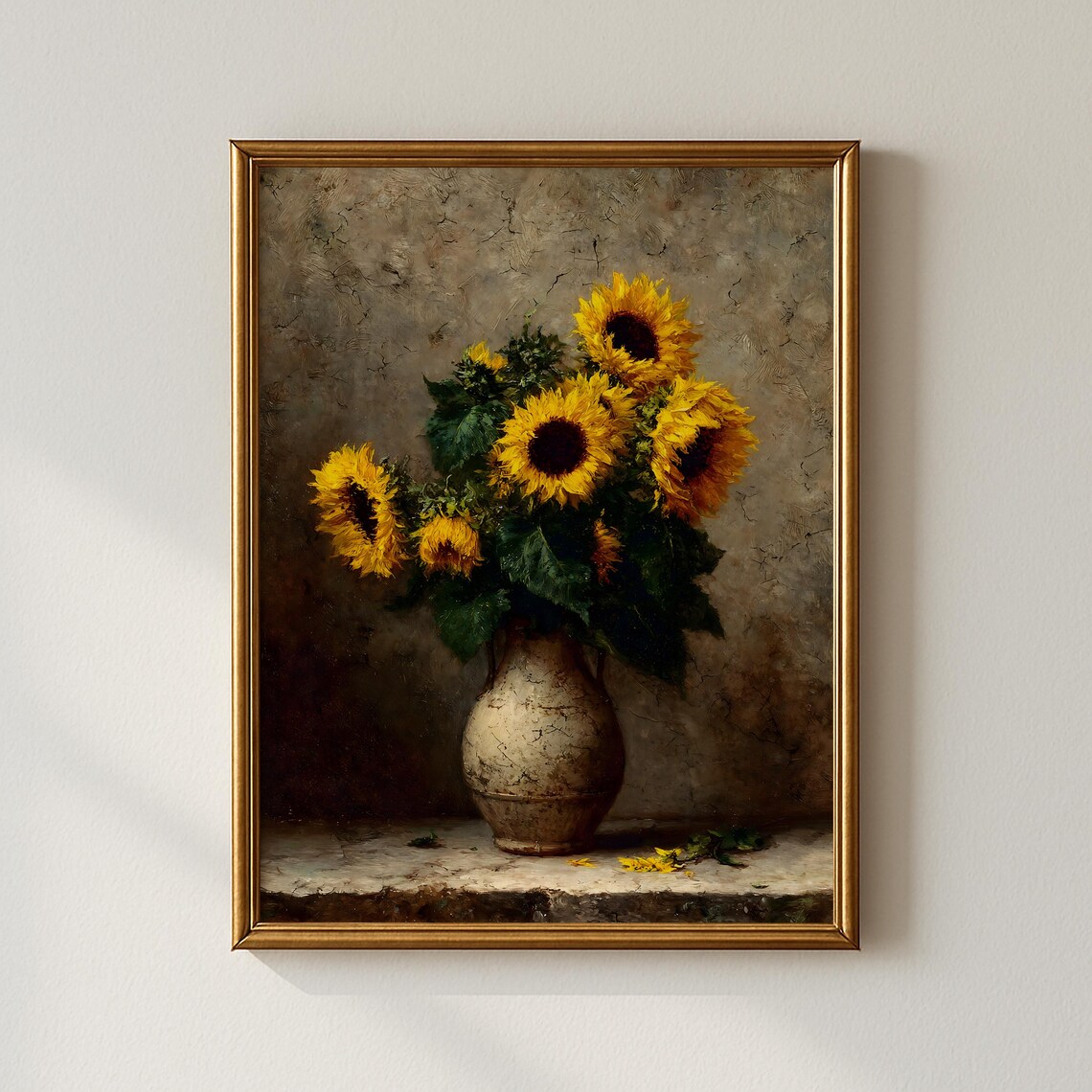 Sunflowers In Vase Vintage Oil Painting Dark Floral Still Life Poster