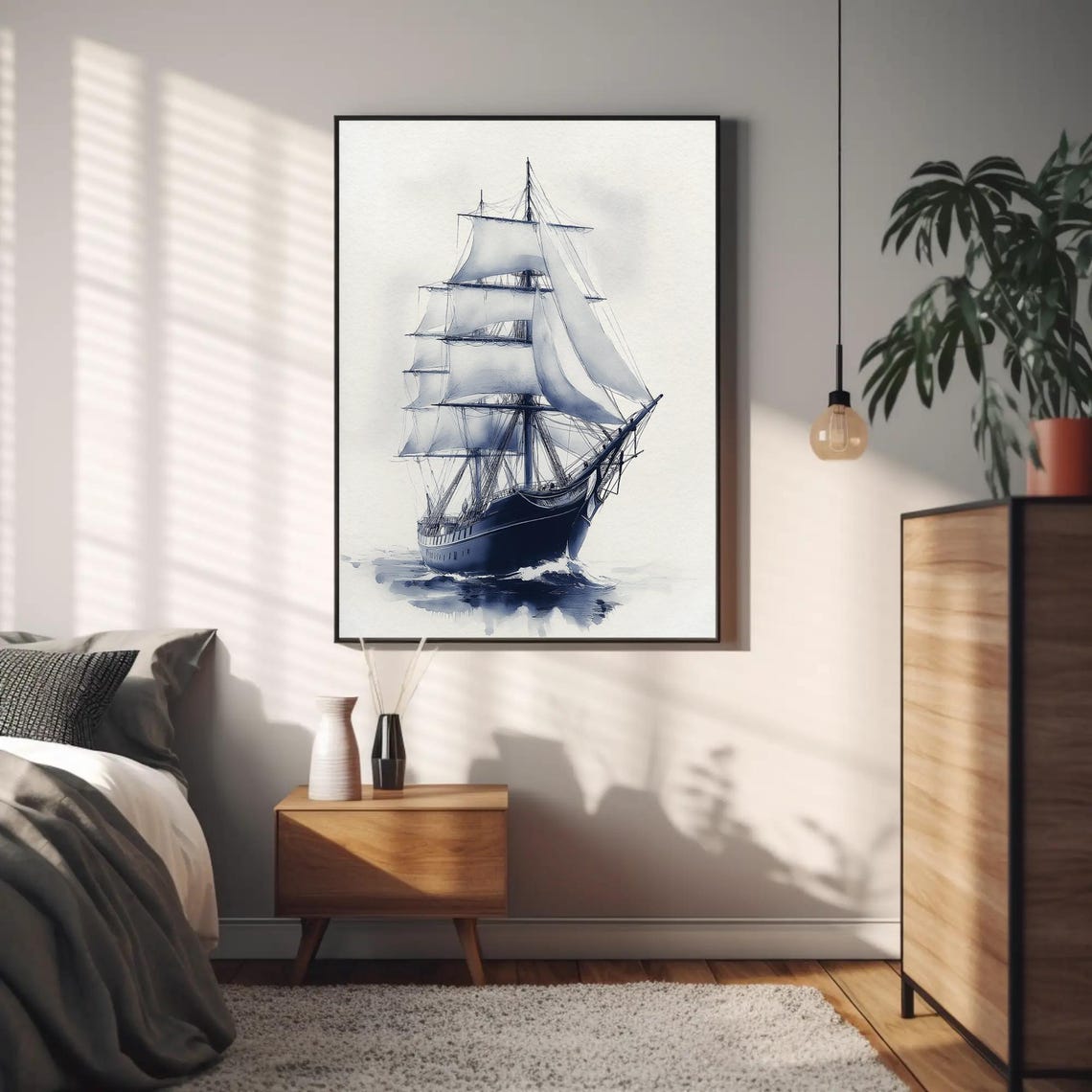 Tall Ship with White Sails in Blue Ink Watercolor Seascape Poster - Image 3