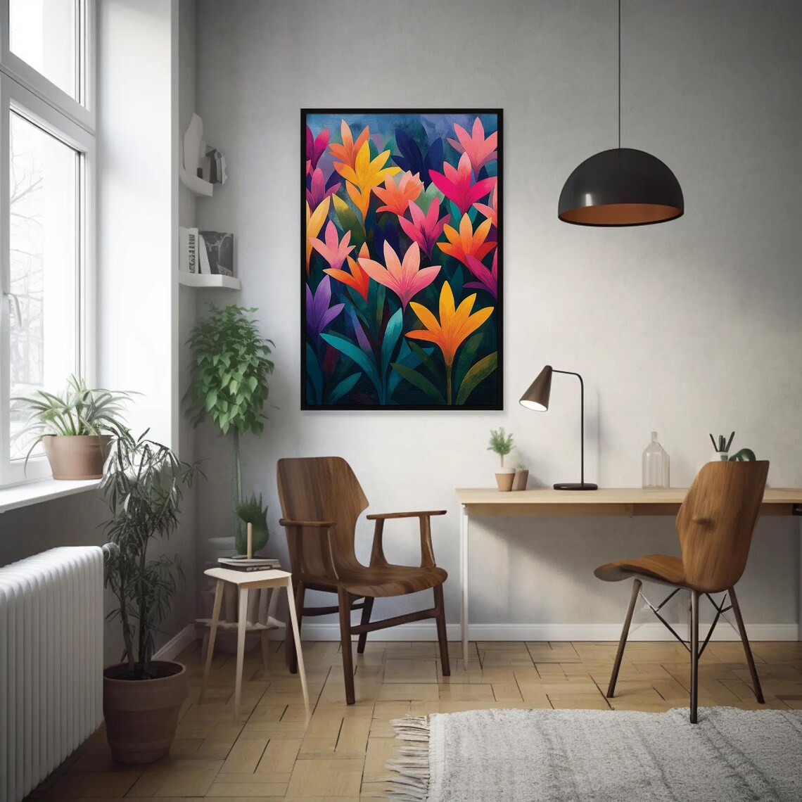 Bright Abstract Flowers Pink Orange Purple Teal Painting Poster - Image 2