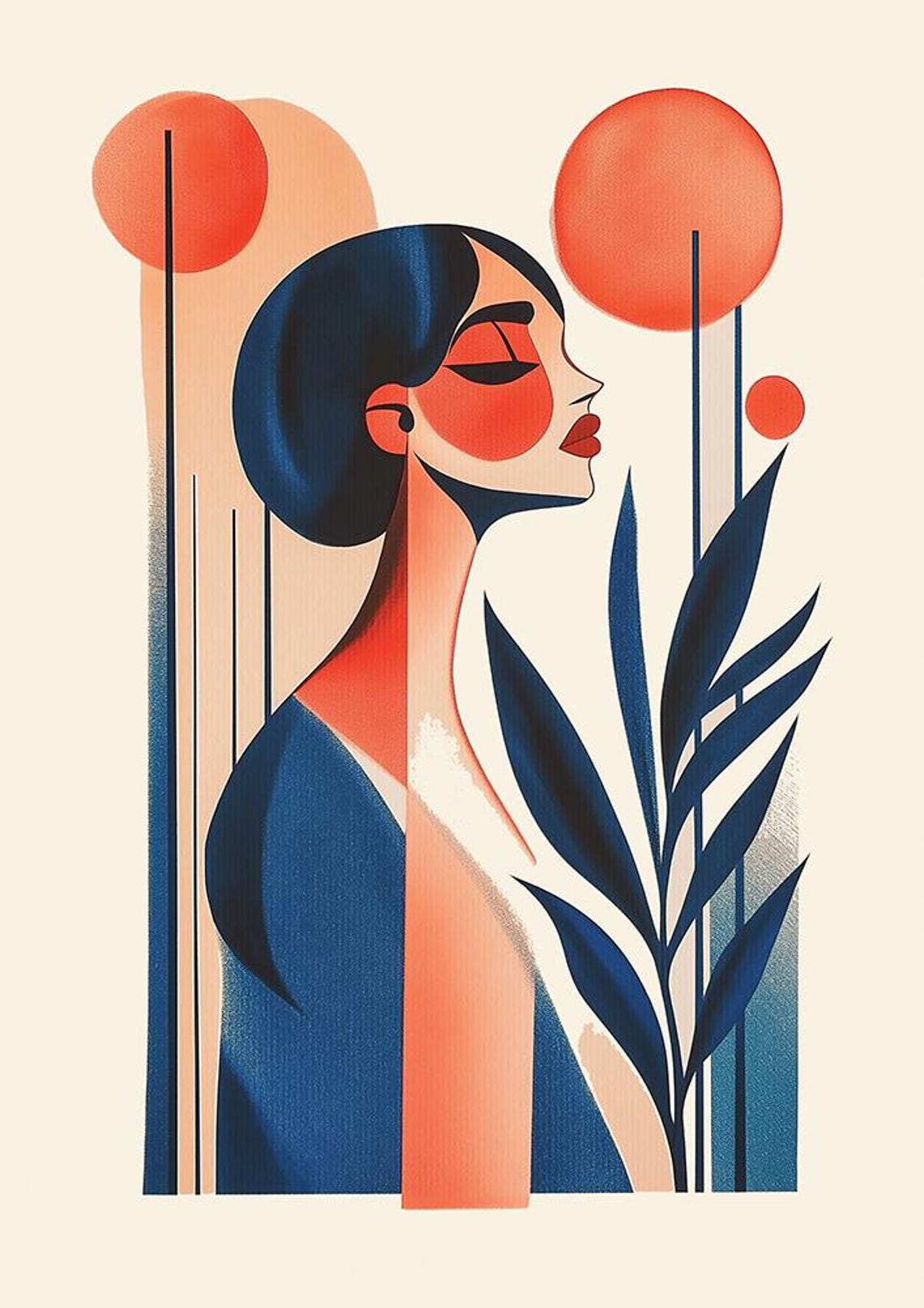 Mid Century Woman Profile Orange Sun Navy Illustration Poster - Image 2