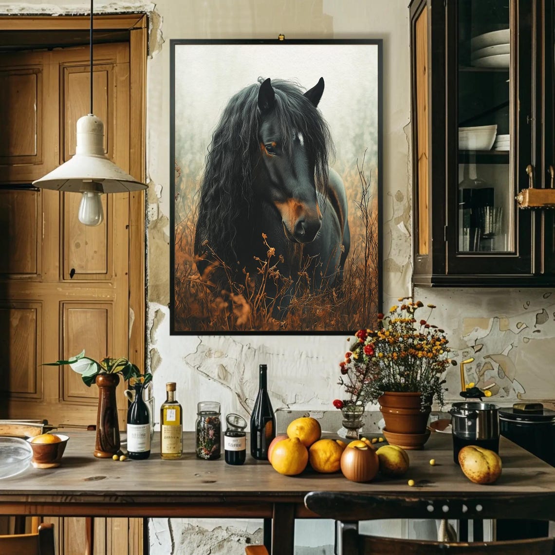 Black Horse Portrait in Golden Wheat Field Realistic Art Poster - Image 2