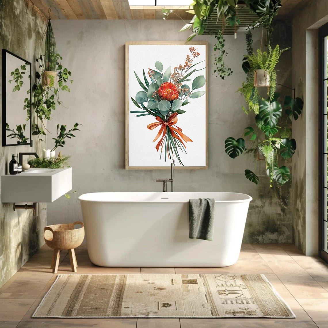 Waratah and Eucalyptus Bouquet with Orange Ribbon Watercolor Poster - Image 2