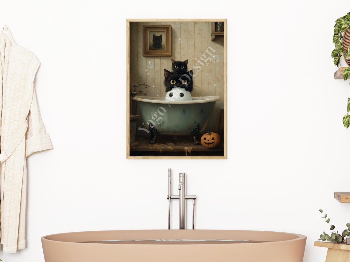 Cute Ghost in Bathtub with Black Cats and Pumpkin Halloween Poster - Image 2