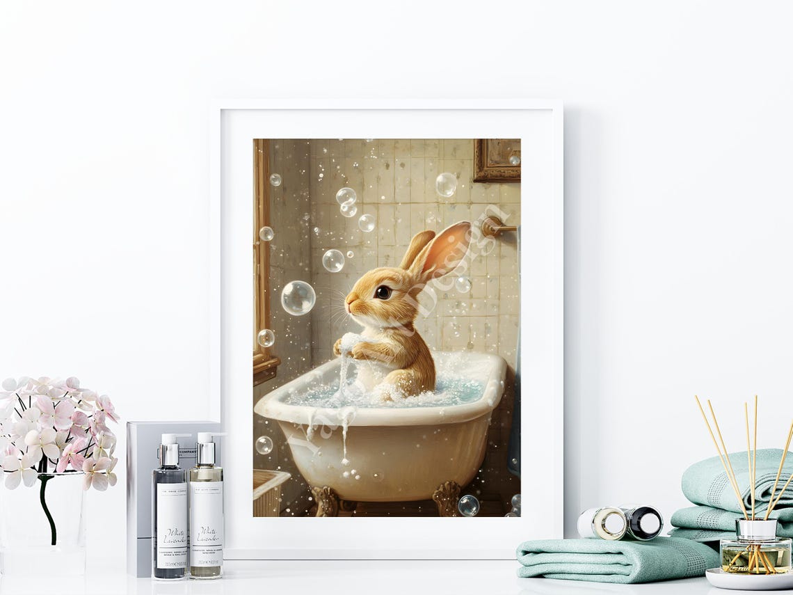Cute Bunny in Bubble Bath with Bubbles Sweet Bathroom Art Poster - Image 4