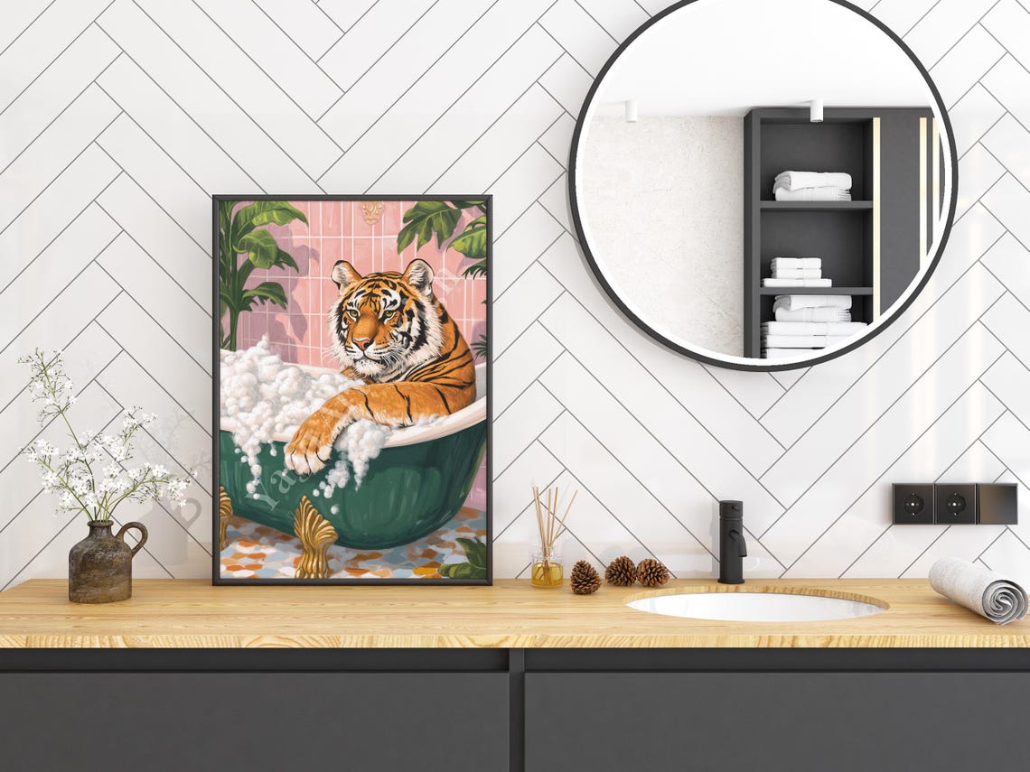 Tiger Relaxing in Bubble Bath Poster Preppy Tropical Pink Tile Decor - Image 3