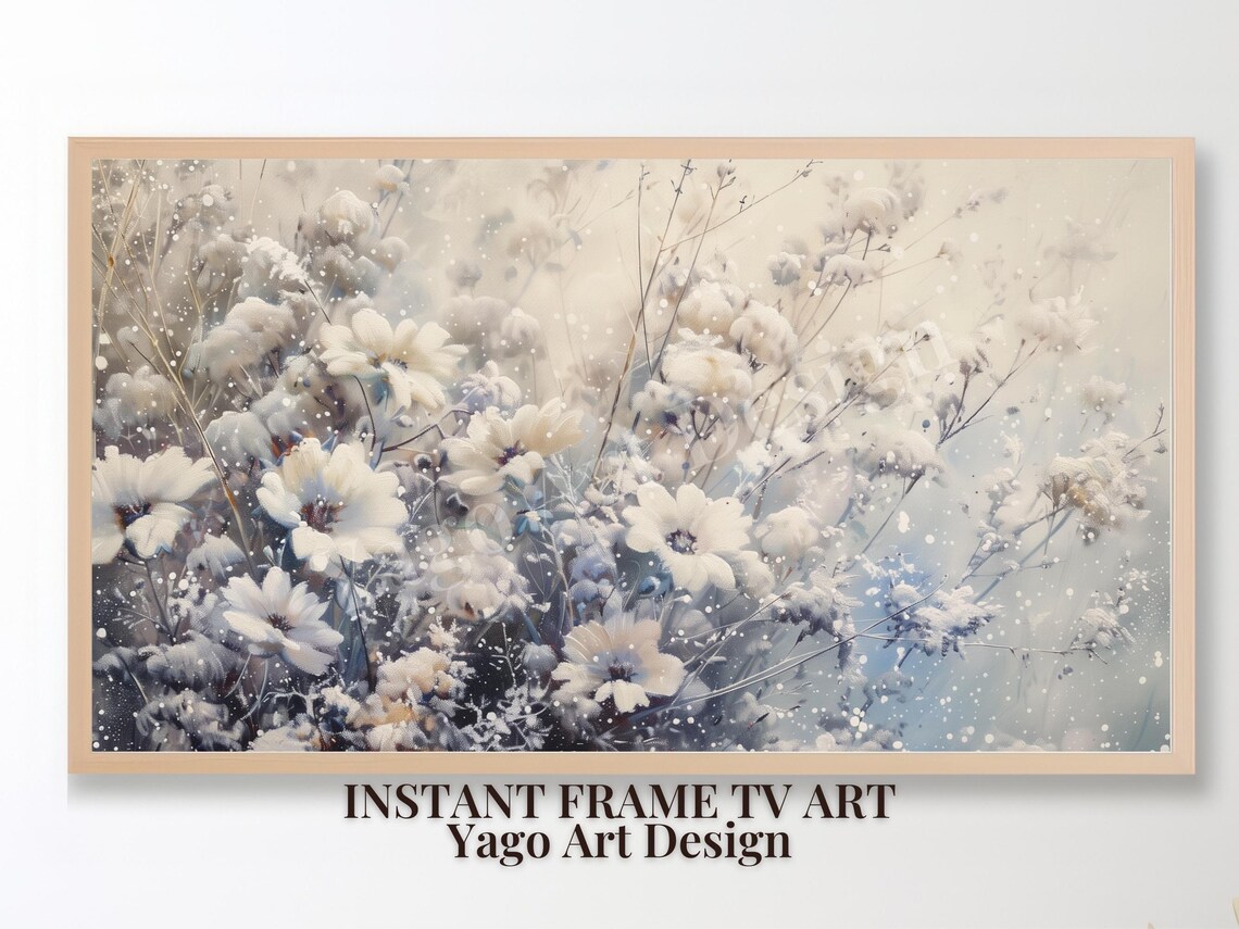 Frosty White Winter Wildflowers Painting Snowy Floral Wide Poster