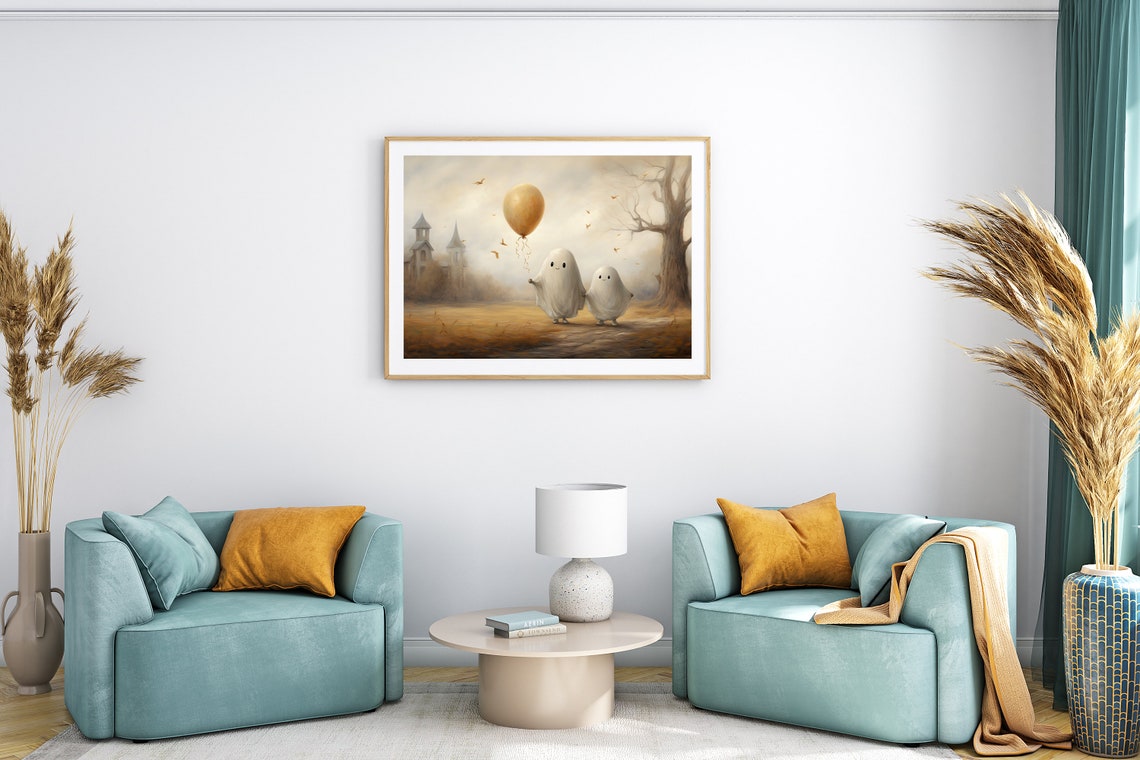 Cute Ghost Wall Art Print Halloween Art Print Ghost Holding Balloon Wall Decor Cute Ghosts In Field Autumn Wall Art Nursery Decor - Image 2