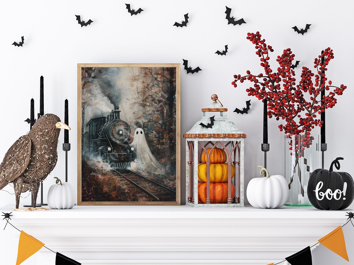 Ghost beside Steam Train in Autumn Forest Moody Halloween Poster - Image 4