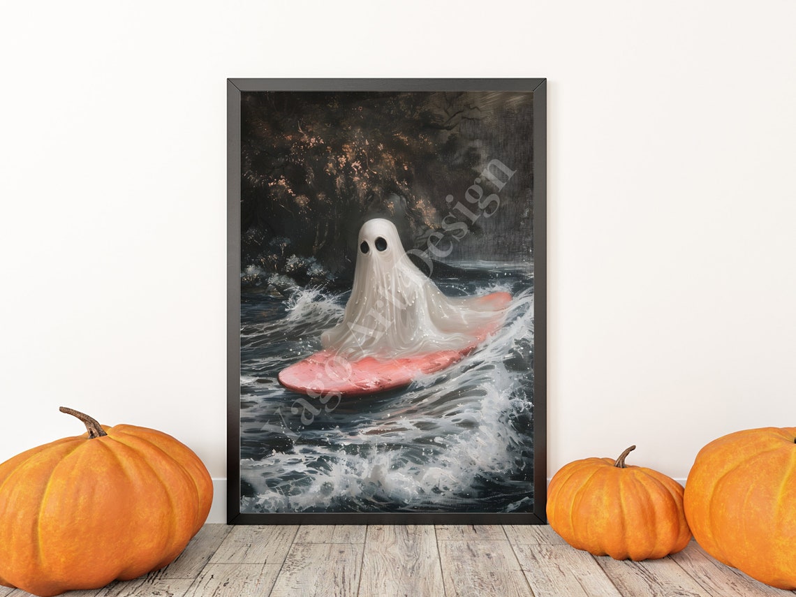 Ghost Surfing Pink Surfboard Ocean Wave Funny Halloween Poster - Image 3