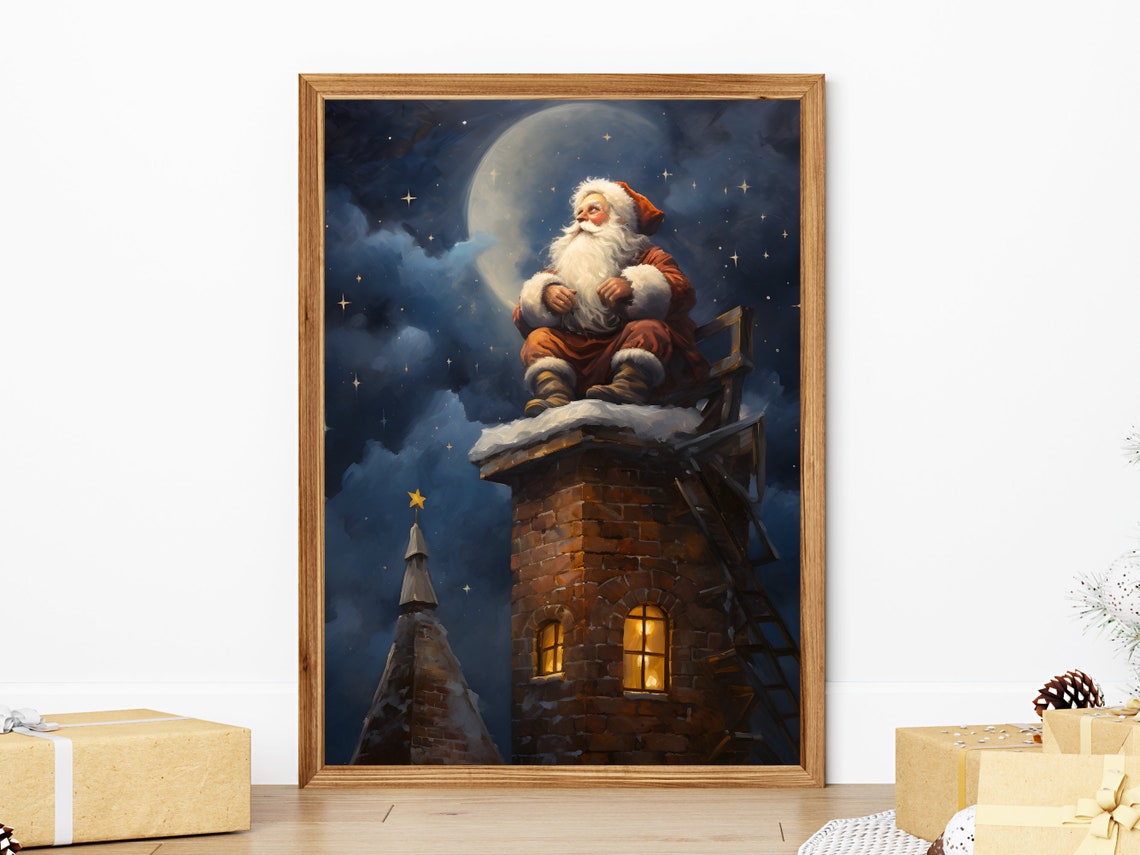 Santa Claus Sitting on Chimney Under Moonlight Christmas Eve Poster - Image 3