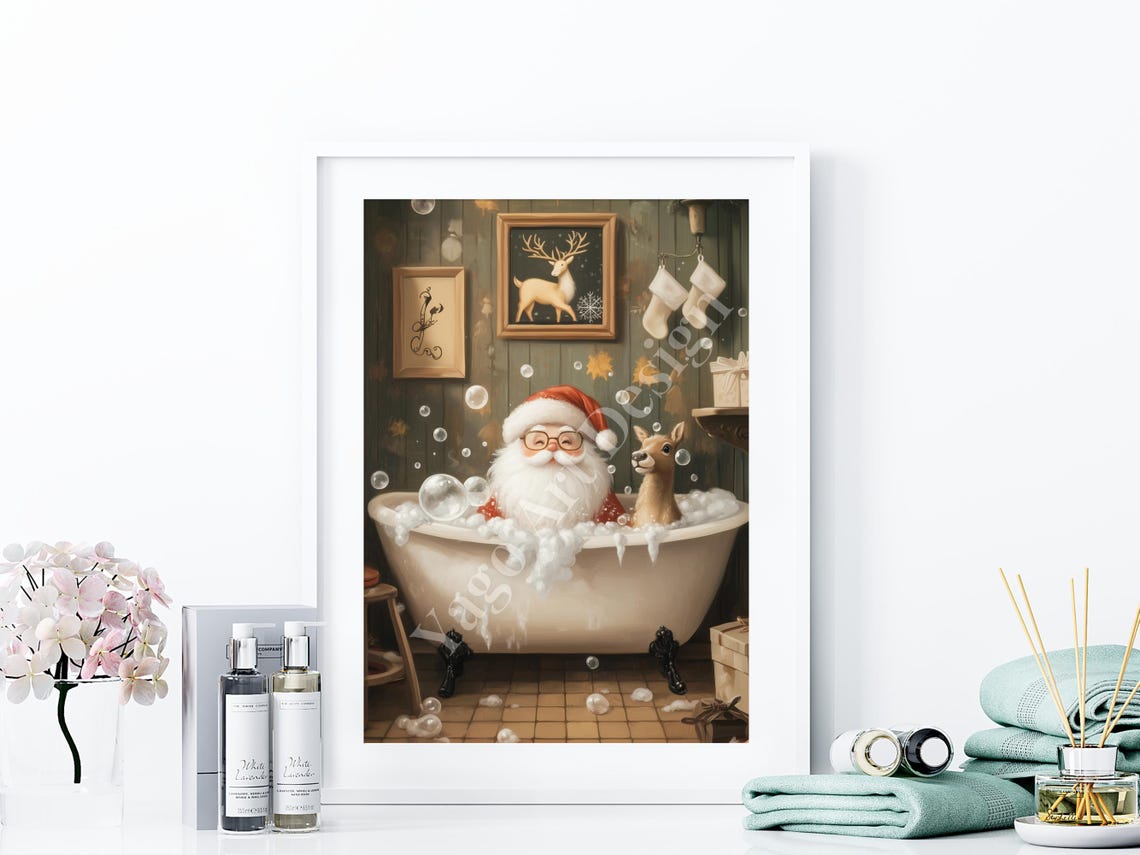 Santa Claus in Bubble Bath with Reindeer Poster Funny Christmas - Image 4