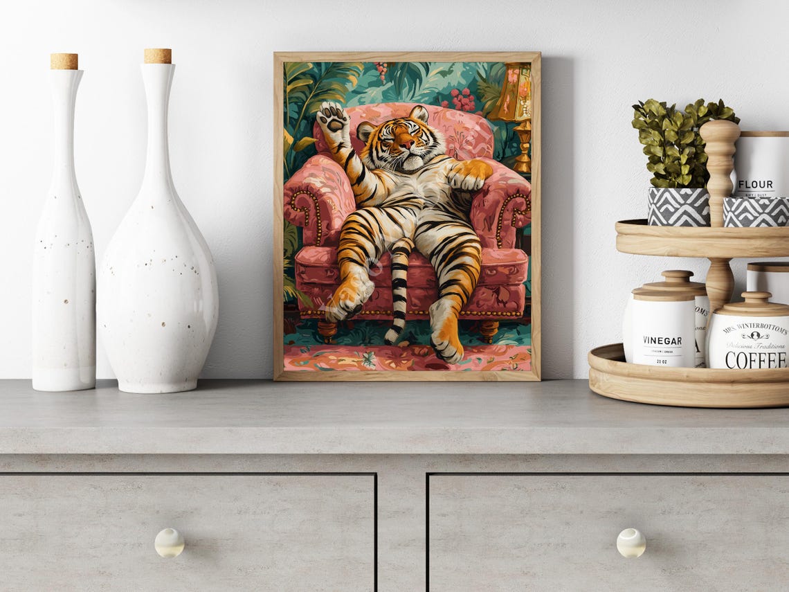 Tiger Lounging on Pink Armchair Poster Maximalist Jungle Decor - Image 3
