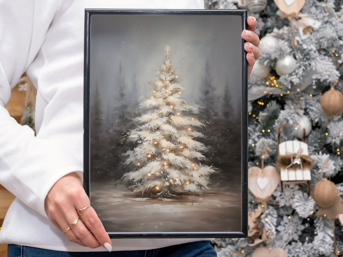 Snow Covered White Christmas Tree Winter Night Forest Wall Art - Image 4