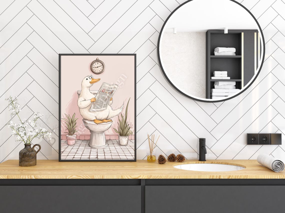 Cute Duck Reading Newspaper on Toilet Pink Funny Bathroom Poster - Image 3