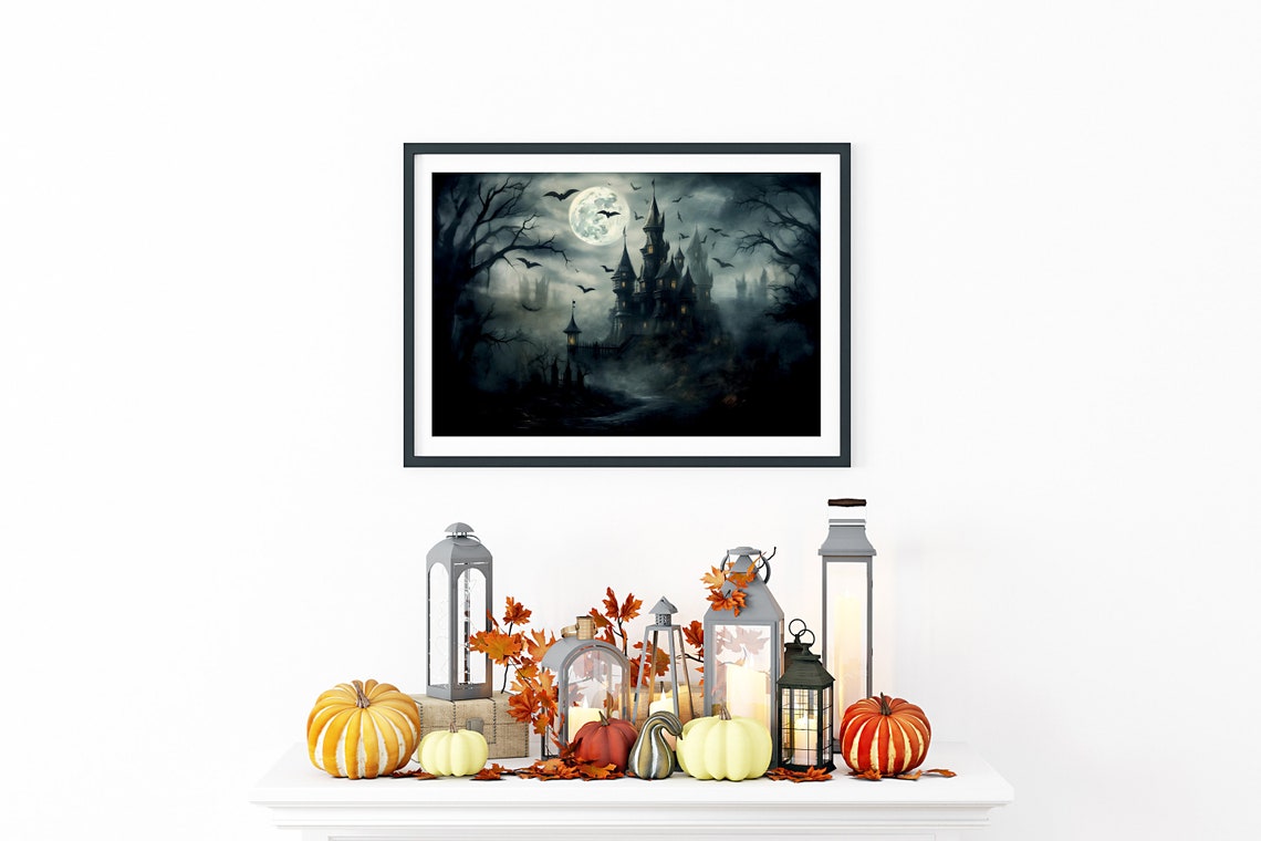Haunted Castle Under Full Moon with Bats Spooky Halloween Poster - Image 3