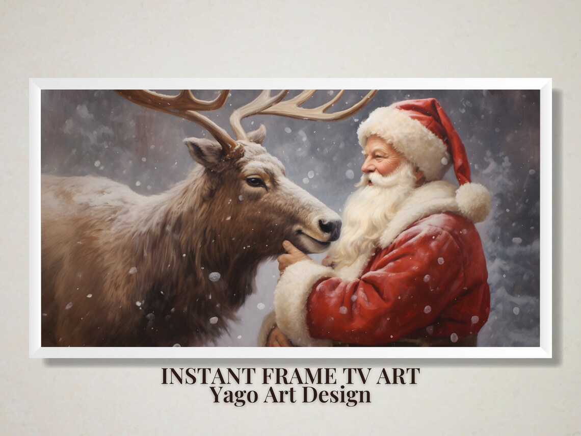 Santa Claus And Reindeer Snowy Embrace Vintage Christmas Wall Art - Image 2