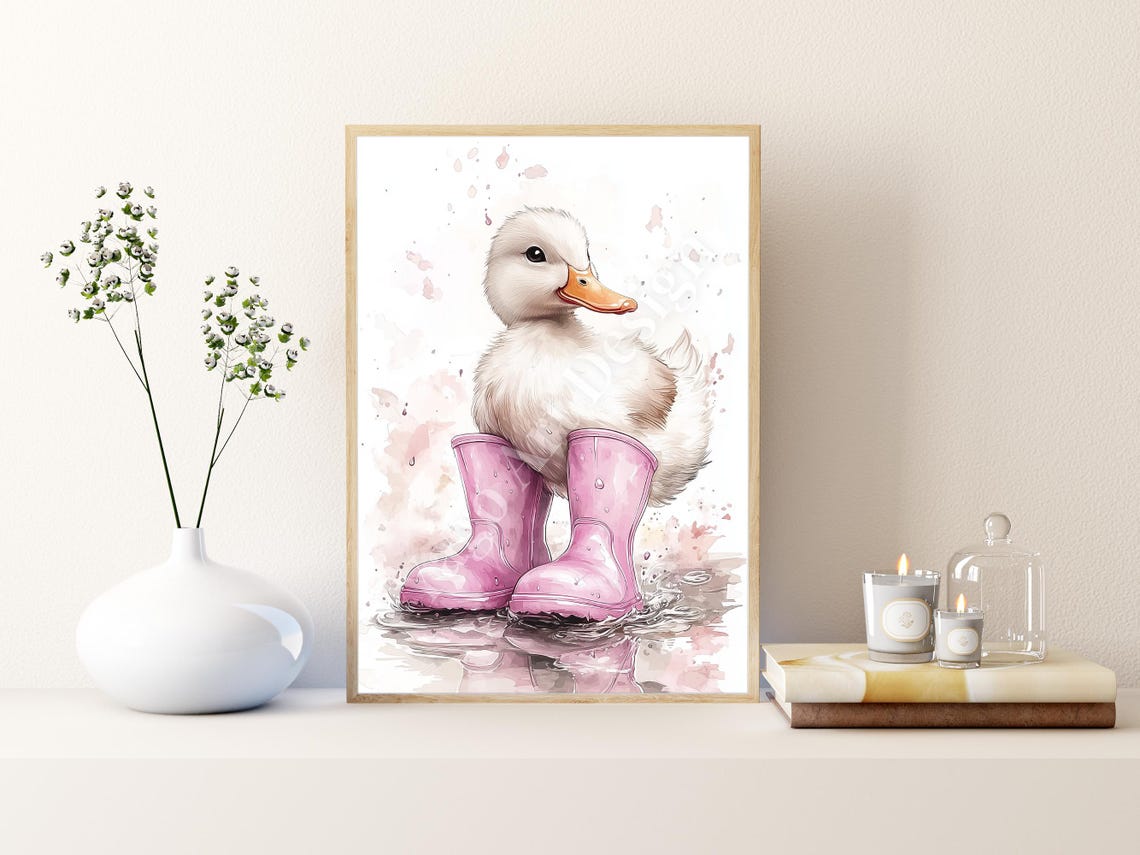 Duckling in Pink Rain Boots Splashing in Puddle Watercolor Poster - Image 3