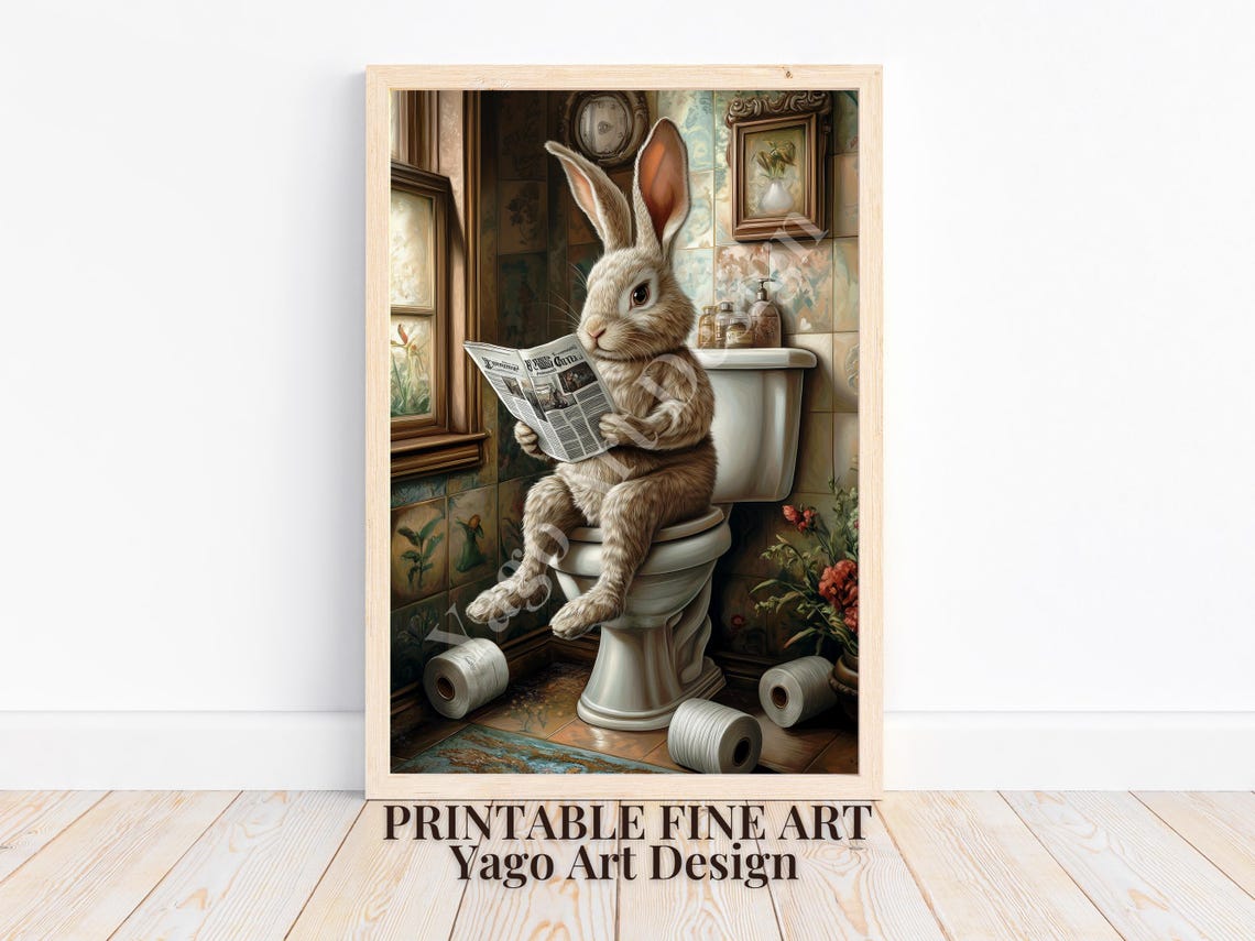Easter Bunny On Toilet Wall Art Print Rabbit In Bathroom Wall Decor Bathroom Animal Art Prints Funny Bathroom Decor Cute - Image 4