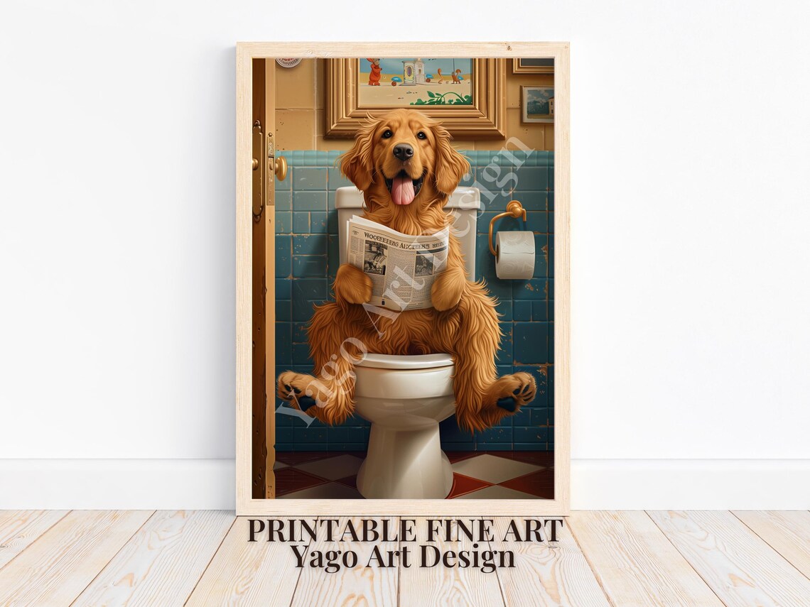 Golden Retriever On Toilet Art Print Funny Bathroom Humor Dog Wall Decor Funny Animal Poster Cute Dog Wall Decor Dog Poster - Image 4