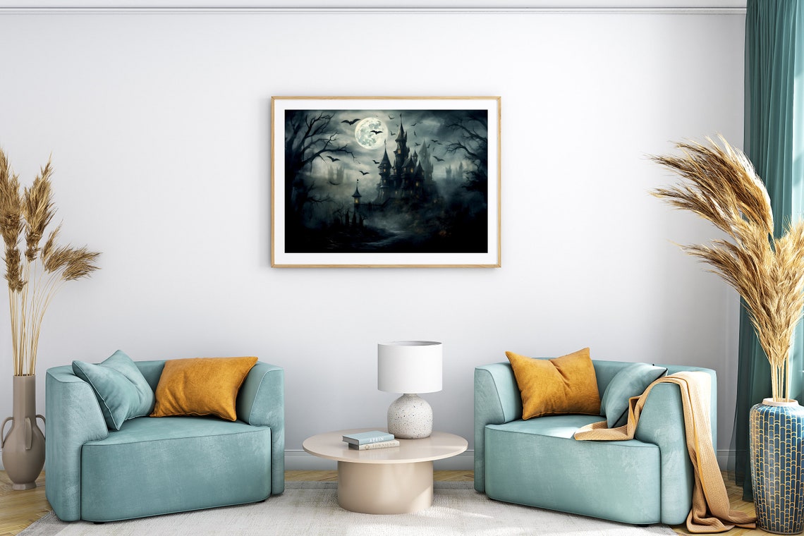 Haunted Castle Under Full Moon with Bats Spooky Halloween Poster - Image 2