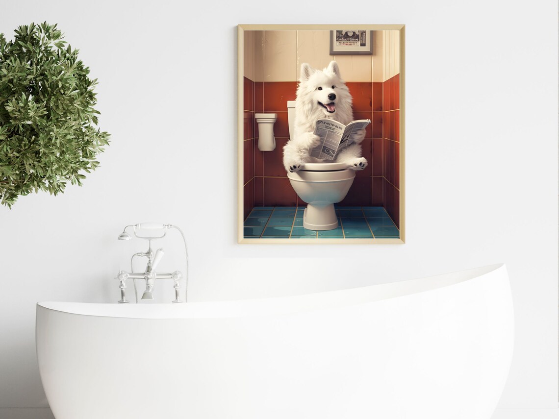 Samoyed Dog On Toilet Reading Newspaper Funny Bathroom Poster - Image 4