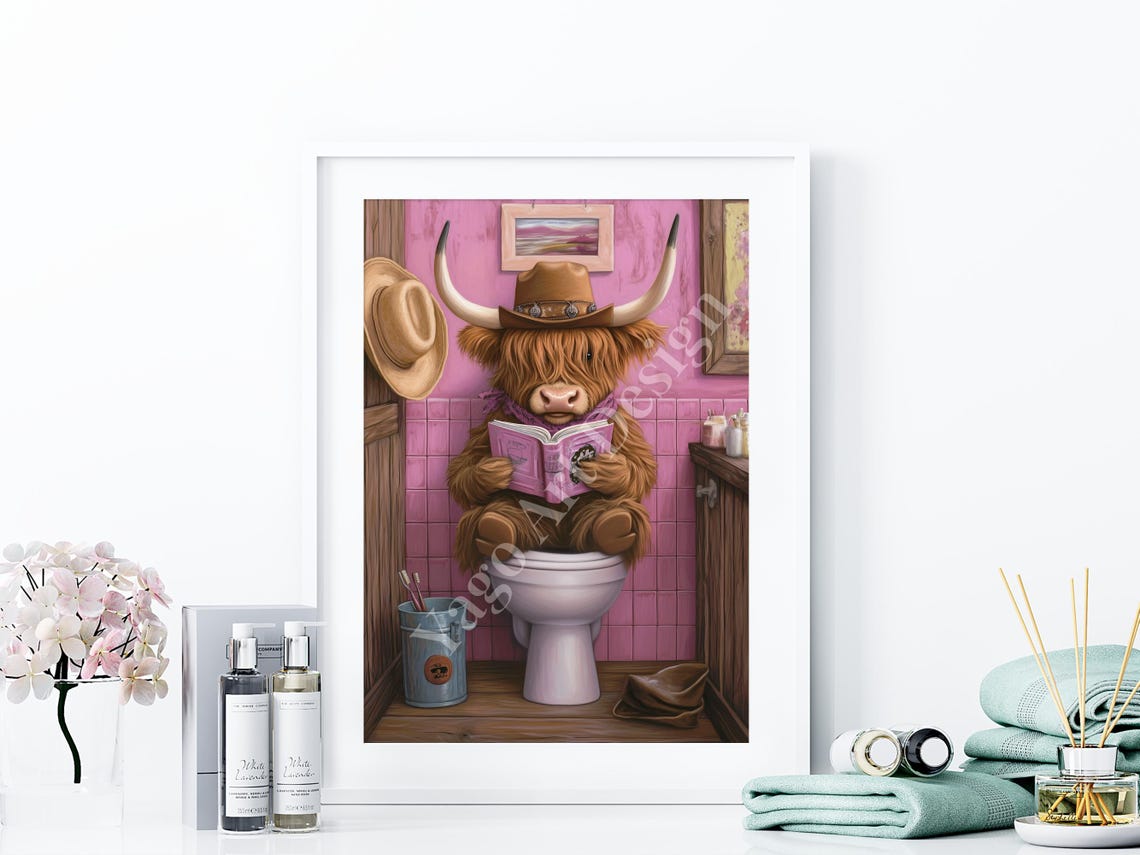Cowgirl Highland Cow Sitting On Toilet Art Print Rustic Farmhouse Bathroom Decor Trendy Preppy Pink Toilet Poster Cute Western Cowgirl - Image 4