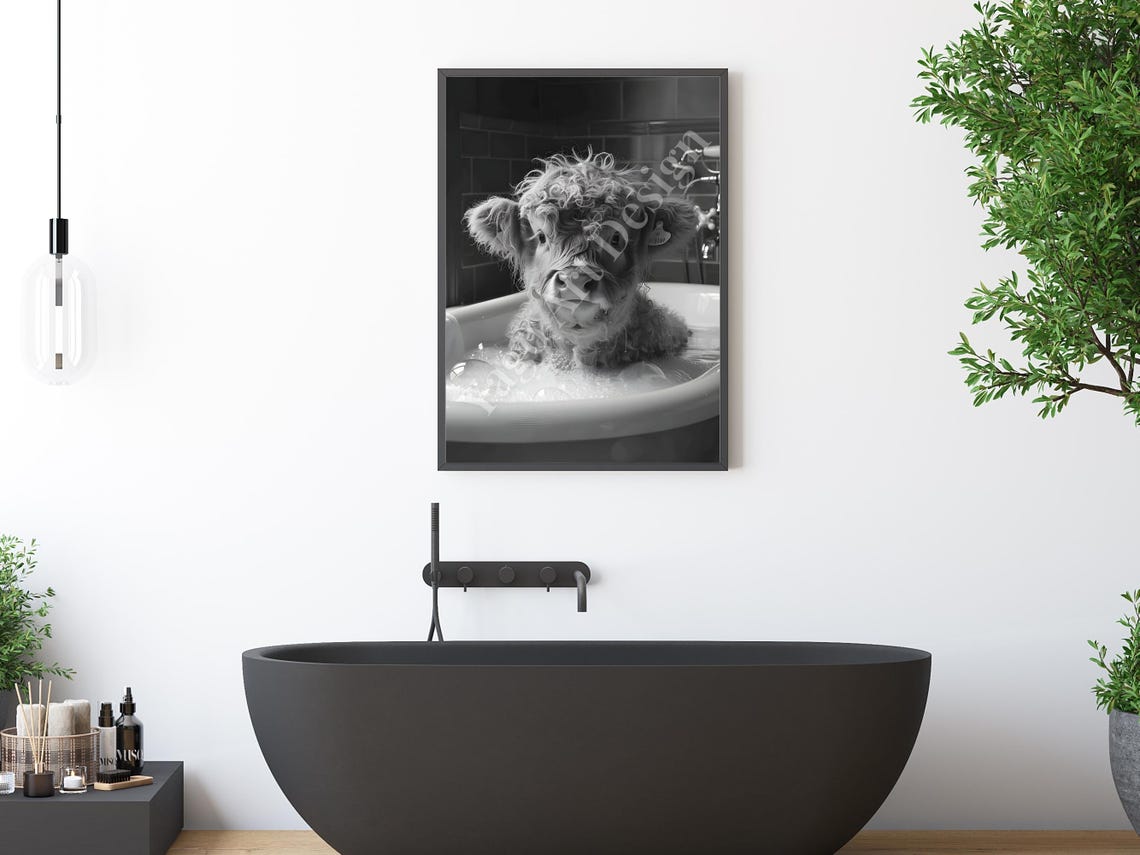 Highland Cow Calf Bubble Bath Black White Farmhouse Cute Poster - Image 2