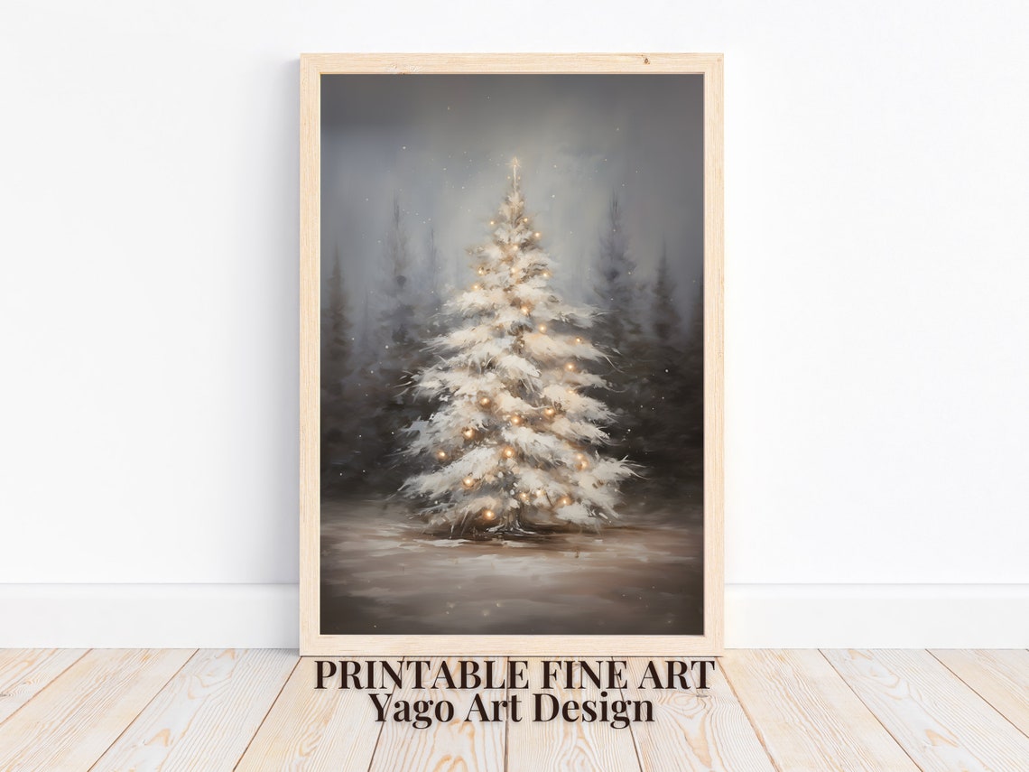 Snow Covered White Christmas Tree Winter Night Forest Wall Art