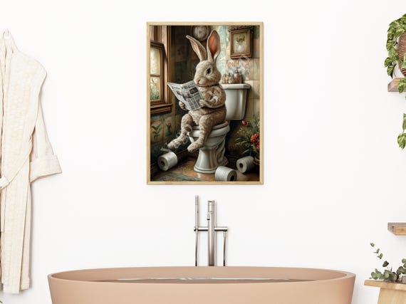 Easter Bunny On Toilet Wall Art Print Rabbit In Bathroom Wall Decor Bathroom Animal Art Prints Funny Bathroom Decor Cute