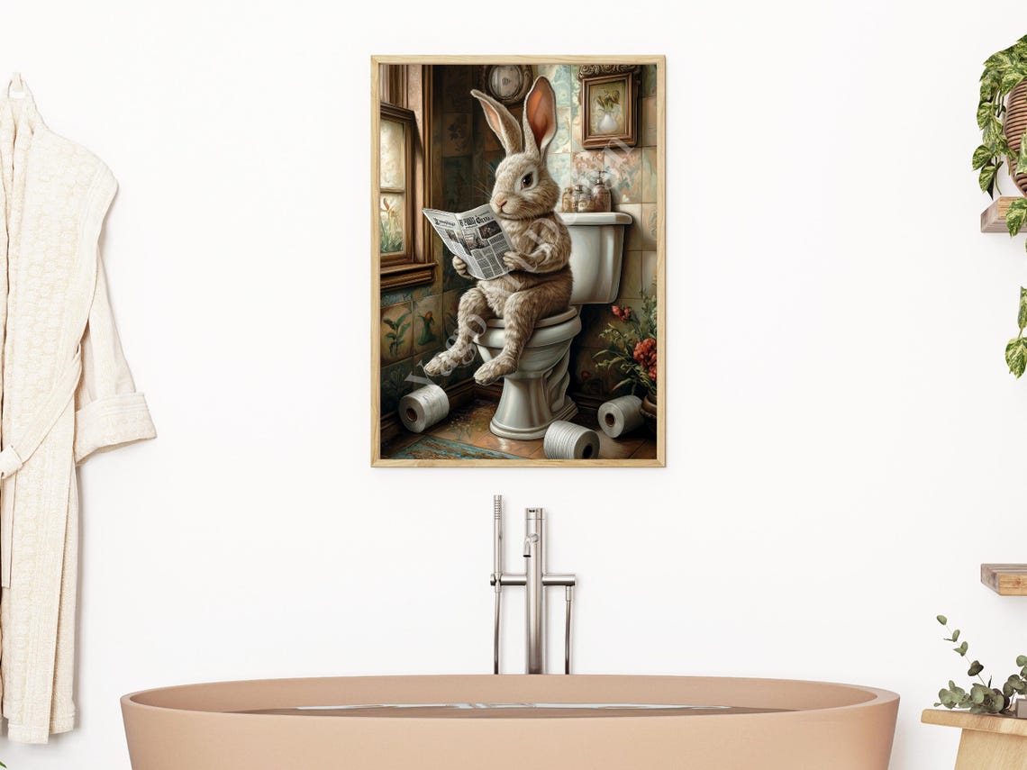 Easter Bunny On Toilet Wall Art Print Rabbit In Bathroom Wall Decor Bathroom Animal Art Prints Funny Bathroom Decor Cute