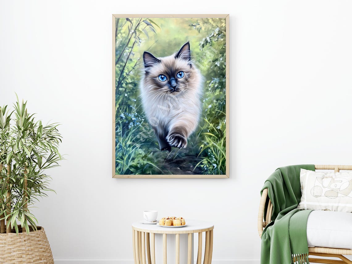 Fluffy Siamese Style Cat Walking In Green Forest Garden Poster