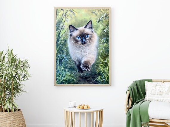 Fluffy Siamese Style Cat Walking In Green Forest Garden Poster