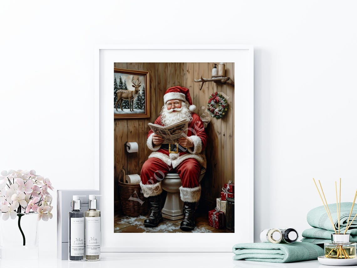 Santa Claus Reading Newspaper on Toilet Poster Rustic Bathroom - Image 4